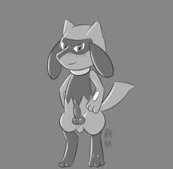 1boy animal_genitalia animal_penis anon anonymous anthro blush canine canine_penis digital_media_(artwork) erection front_view furry grey_background greyscale hands_on_hips knot looking_at_viewer male male_only male_riolu mammal monochrome nintendo no_nipples nude paws penis pokémon_(species) pokemon pokemon_dppt precum rhuanfps riolu sheath simple_background sitting smile solo solo_male standing tail testicles text tumblr video_games watermark