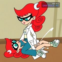 1girl ai_assisted ai_generated aqua_eyes cowgirl_position crescent cum curly_hair full_body futanari glasses hair_ornament labcoat lips lipstick little_penis long_hair mary_test mother_and_daughter pants ponytail projectile_cum red_hair sex size_difference small_penis sneakers solo t_shirt