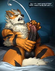 1boy anthro arcanine balls ballsack big_penis black_claws black_nose black_stripes body_fur canine claws cum cum_on_chest cum_on_self cumshot erection fangs foreskin foreskin_folds furry humanoid_penis intact looking_at_viewer male male_only mammal masturbation nintendo open_mouth orange_fur orgasm penis pokemon pokemon_(species) retracted_foreskin scrotum solo stripes tail_between_legs teeth testicles text todex uncut veiny_penis video_games yellow_eyes