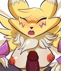 2014 anthro big_nipples blush breasts canine closed_eyes digimon erection female fox gloves greycoat long_ears male mammal nipples nude open_mouth penis pov renamon straight teeth tongue vein veiny_penis