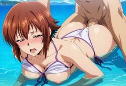 1boy 1girl ai_generated aimisaka ass bikini bikini_bottom_aside bikini_top_lift blush breasts breasts_out brown_eyes brown_hair clothed_female_nude_male clothed_sex clothes_lift clothing_aside collarbone day doggystyle grand_blue hair_between_eyes half-closed_eyes hetero kotegawa_chisa large_breasts lying nipples nude ocean on_stomach open_mouth outdoors partially_submerged patreon_url patreon_username penis prone_bone saliva sex sex_from_behind short_hair side-tie_bikini_bottom sky solo_focus swimsuit veins veiny_penis water watermark web_address white_bikini