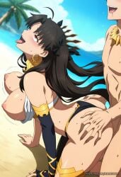 1boy 1girl ahegao ahoge ai_generated aimisaka all_fours arched_back armlet ass ass_grab asymmetrical_legwear asymmetrical_sleeves bare_shoulders beach bikini bikini_bottom_aside bikini_pull black_bikini black_hair black_ribbon blue_sky blush bouncing_breasts breasts breasts_out bridal_gauntlets clothes_pull clothing_aside cloud crown day detached_collar detached_sleeves doggystyle earrings elbow_gloves fate_(series) fucked_silly gloves gold_trim hair_ribbon hetero hoop_earrings ishtar_(fate) jewelry large_breasts long_hair mismatched_bikini neck_ring necklace nipples nude ocean open_mouth outdoors palm_tree panties parted_bangs patreon_url patreon_username penis red_eyes ribbon rolling_eyes saliva sand sex sex_from_behind single_detached_sleeve single_elbow_glove single_sleeve single_thighhigh sky smile solo_focus sweat swimsuit thighhighs thighlet thighs thong_aside tiara tongue tongue_out tree two_side_up uneven_legwear uneven_sleeves vaginal water watermark white_bikini