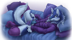 2010 absurd_res anthro bed blue_eyes blue_fur blue_hair blue_nose blue_penis blue_theme bulge canine chest_tuft clothing cool_colors crossdressing curiodraco cute ear_piercing erection fur furry girly hair hi_res hoodie humanoid_penis kitaii lace long_hair lying male mammal multicolored_fur on_back panties panty_pull penis piercing pillow pinup pose seductive shirt side_view solo spread_legs spreading stockings tail_between_legs thigh_highs tuft two_tone_fur two_tone_hair underwear white_fur wolf