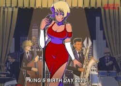 1girls big_breasts big_tits blonde blonde_hair blue_eyes curvy dress geta king_(snk) king_of_fighters light-skinned_female light_skin short_hair thick thick_thighs thighs voluptuous voluptuous_female