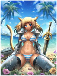 animal_ears armor beach bikini bikini_armor blonde_hair blue_hair breasts bukkake cameltoe cat_ears cat_tail chainmail cloud cloudy_sky covered_nipples cum cum_on_body cum_on_breasts cum_on_clothes cum_on_lower_body cum_on_upper_body earrings emperpep facial_mark female final_fantasy final_fantasy_xiv flower gauntlets greaves highres horizon jewelry large_breasts miqo'te mountain navel ocean palm_tree sand seashell shell shield side-tie_bikini sitting sky smile solo spaulders striped striped_bikini striped_swimsuit swimsuit sword tail tied_hair tree twintails water weapon