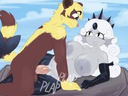 1boy 1girls alternate_version_available anthro armwear black_pearl_cookie breasts commission cookie_run cookie_run_kingdom exposed_breasts furry gem_on_forehead grey_body hair_ornament interspecies large_breasts looking_at_partner male/female merfolk motion_lines mushrylair oc ocean onomatopoeia original_character pink_penis rock sex straight vaginal_penetration