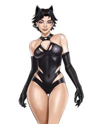 1girl 1girls 2d 2d_(artwork) bare_legs bare_thighs batman_(series) black_hair bodysuit boobs cat_ears catsuit catwoman catwoman_(fortnite) choker cleavage dc dc_comics fangs female female_only fortnite fortnite:_battle_royale gigis_lab green_eyes legs light-skinned_female light_skin multiple_views pale-skinned_female pale_skin pixie_cut selina_kyle short_hair skin_tight smile smiling smiling_at_viewer solo solo_female white_woman