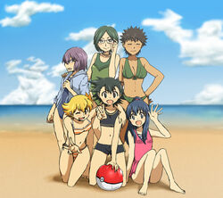 6girls angry artist_request ash_ketchum ashley_(pokemon) barry_(pokemon) beach beach_ball bikini breasts brock_(pokemon) cleavage closed_eyes clouds collarbone conway_(pokemon) dawn_(pokemon) female glasses happy hips human midriff multiple_girls navel nintendo paul_(pokemon) poke_ball pokemon pokemon_dppt rule_63 shinji_(pokemon) shorts sitting smile swimsuit