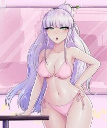 bikini disgusted_look large_hips looking_at_viewer original pink_background pink_bikini small_breasts