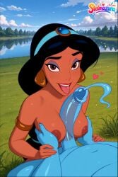 1boy 1girl ai_assisted ai_generated aladdin aladdin_(1992_disney_film) armlet artist_name black_hair blue_skin blue_sky breast_grab breasts brown_eyes cloud colored_skin cum dark-skinned_female dark_skin day disney disney_princess earrings ejaculation erection grabbing grass heart hetero interracial jasmine jasmine_(aladdin) jewelry long_hair looking_at_viewer makeup medium_breasts nipples nude open_mouth outdoors paizuri patreon penis pov princess princess_jasmine sky smile solo_focus stelmazura tongue tongue_out uncensored