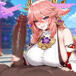 1boy 1boy1girl 1girl1boy 1girls ai_generated animal_ears big_breasts big_penis built_for_bbc dark-skinned_male female floox genshin_impact handjob huge_breasts huge_cock imminent_oral imminent_sex interracial large_breasts light-skinned_female pov precum shrine_maiden text yae_miko