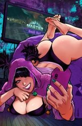 1girls barefoot big_breasts bra breasts capcom cleavage feet female juri_han panties smartphone solo street_fighter street_fighter_6 tagme_(artist)