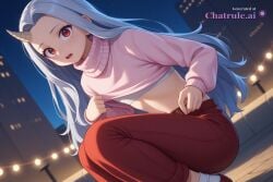 1girl 8k absurd_res accessories ai_assisted ai_generated beautiful close_up cowboy_shot crop_top depth_of_field face_focus fingering grey_hair high_detail high_res hires horns jeans jeans_down legs_open lights_off lipstick long_hair looking_at_viewer looking_back_at_viewer masturbating midriff moaning model_pose my_hero_academia narrow_waist nip_slip open parody perfect_anatomy perky_nipples pinup posing pubic_hair pussy_exposed realistic red_eyes single_horn source_anime