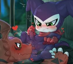 <3 2022 2boys anthro anus balls bandai_namco blush butt_sniffing clothing digimon digimon_(species) digimon_tamers duo embarrassed erection fang genitals gloves green_eyes guilmon handwear hanuvo heavy_blush hi_res impmon male male/male male_only penis precum purple_body red_body sniffing uncensored very_high_resolution yaoi