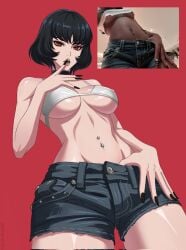 1girls 2d 2d_(artwork) 2d_artwork adult adult_female background belly belly_button belly_button_piercing below_view big_boobs big_breasts bikini bikini_top black-haired_female black_choker black_eyebrows black_fingernails black_hair black_nail_polish black_nails blue_shorts breasts breasts_apart busty busty_female busty_girl charlesart choker collarbone dark_hair deadlock digital digital_art digital_drawing digital_drawing_(artwork) digital_media digital_media_(artwork) down_angle down_view drawing elbows eyebrows_visible_through_hair female female_focus female_only fingernails fingers fit_female from_below from_below_view from_bottom_to_top from_front front_view glistening_body glistening_boobs glistening_breasts glistening_hair glistening_legs glistening_shoulders glistening_skin glistening_thighs glossy_breasts glossy_hair groin halterneck hand_on_crotch hand_on_face hand_on_own_crotch hand_on_own_face inframammary_fold jean_shorts knees_out_of_frame large_boobs large_breasts lean_figure linea_alba lip_gloss lips lipstick looking_at_viewer looking_down looking_down_at_viewer low-angle_shot low-angle_view low_angle low_angle_view mature mature_female mature_woman midriff mina_(deadlock) monotone_background nail_polish nails narrow_waist navel navel_piercing navel_piercings nipple_bulge one_color_background open_mouth parted_lips pierced_belly_button pierced_navel pink_lips pink_lipstick plain_background portrait posing posing_for_the_viewer posing_naked posing_nude red-eyed_female red_background red_eyes reference_image shiny_body shiny_breasts shiny_hair shiny_legs shiny_shoulders shiny_skin shiny_thighs short_hair shorts shoulders slender_body slender_waist slim_female slim_waist solid_color_background solo standing stomach string_bikini swimsuit swimwear thigh_gap thighs tongue top_down_view top_view touching_crotch touching_face under_view underboob upper_body upper_teeth upward_angle white_bikini white_bikini_top white_swimsuit white_swimwear woman worm's-eye_view worms-eye_view