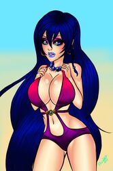 bikini blue_eyeshadow blue_hair blue_lipstick breasts earrings elwinne hoop_earrings lipstick purple_eyeshadow swimsuit