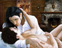 2boys age_difference black_hair clothed_on_nude cmnm dark_brown_hair embrace gay glasses harry_james_potter harry_potter holding_head imminent_kiss j.k.rowling long_hair male no_visible_genitalia nude older_man_and_younger_boy scar severus_snape silkmoth tapestry yaoi