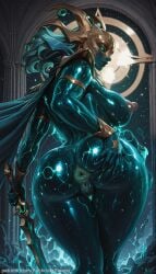 1girl ai_generated anus ass backdoorsenpai bare_legs big_ass breasts cape colored_skin completely_nude curvy egao faceless_male female_focus from_behind glowing_eyes green_eyes green_skin hela_(empress_of_the_cosmos) hela_(marvel_rivals) huge_ass large_breasts looking_back marvel marvel_comics marvel_rivals naughty_face naugty_eyes nipples nude perky_breasts presenting_ass puckered_anus puffy_nipples pussy shiny_skin solo spread_ass thick_thighs thighs translucent_skin uncensored wide_hips