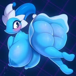 anthro areola ass big_ass big_breasts big_butt blue_body blush breast_out breasts butt clothed clothing darkner deltarune deltarune_chapter_4 dress elemental_creature female fool's_hat hat headgear headwear hi_res huge_ass huge_breasts huge_butt looking_at_viewer looking_back looking_back_at_viewer mizzle_(deltarune) nipples r-mk rear_view short_stack shortstack shortstack_female solo thick_thighs undertale_(series) upskirt upskirt_view water water_creature wide_hips