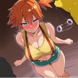 ahegao ai_art ai_generated blush brainwashing cleavage crop_top dazed drool empty_eyes femsub green_eyes husta hypno hypnosis hypnotic_eyes large_breasts mind_control misty misty_(pokemon) orange_hair pendulum pokemon saliva shorts spiral_eyes suspenders sweat