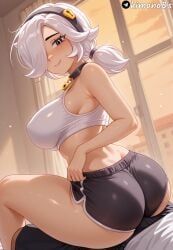 1boy 1girl ai_generated ass black_shorts blush brawl_stars breasts bulge bulge_press buttjob closed_mouth colette_(brawl_stars) collar curvy erection erection_under_clothes hair_over_one_eye indoors kimonobs large_breasts looking_at_viewer medium_hair shiny_skin short_shorts shorts sitting smile sports_bra supercell tagme thighs white_hair white_sports_bra