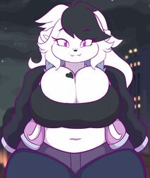 animated anthro bear big_breasts black_fur breast_squish breasts clothed clothing cute emofuri female fully_clothed fur furry goblinhordestudios hair heart jacket luna_paws mammal panda pants pink_eyes pink_irises solo streetwear tight_clothing white_fur white_hair