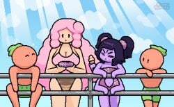 2boys 2girls 2girls2boys anthro big_breasts black_hair black_sclera boobs breasts brown_swimsuit confused confused_look donut female female_focus green_hair hair_ornament huge_breasts ice_cream ice_cream_humanoid large_breasts larger_female leaning_forward leaning_on_object long_hair male mia_(okami_tomato) muffet oc okami_tomato original original_character original_characters pink_eyes pink_hair pink_swimsuit plant plant_humanoid purple_body purple_skin railing railings red_body red_skin sparkles spider spider_girl spider_humanoid spider_web sunbeam swimming_trunks swimsuit swimwear thighs tomato_rice undertale undertale_(series) watermark