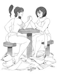 2014 2girls 5_fingers arm_wrestling attack_on_titan avatar_legends barefoot black_and_white callmepo cleavage clothing crossover dark_hair dated eastern_and_western_character feet female female_only human human_only korra large_breasts long_hair mikasa_ackerman monochrome multiple_females multiple_girls no_bra open_eyes panties ponytail sideboob signature simple_background sitting smile smiling smooth_skin the_avatar the_legend_of_korra tied_hair topless uncensored water_tribe