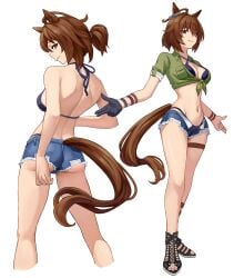 1girls agnes_tachyon_(umamusume) ass back_view bikini black_bikini bracelet breasts brown_hair cleavage denim denim_shorts female female_focus female_only gloves horse_ears horse_girl horse_tail legs looking_at_viewer micro_shorts midriff rear_view short_shorts shorts solo solo_female solo_focus standing tagme tail tied_shirt umamusume umamusume_pretty_derby white_background