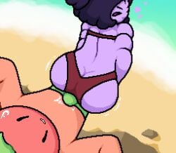 1boy 1boy1girl 1girl 1girls :3 :3_face anthro ass ass_focus beach big_ass black_hair black_sclera blush blushing bulge bulge_through_clothing butt butt_focus embarrassed embarrassed_male female green_hair heart huge_ass large_ass male motion_lines muffet ocean pink_eyes plant plant_humanoid purple_body purple_skin red_body red_skin red_swimsuit sand smile smiling spider spider_girl spider_humanoid swimming_trunks swimsuit tease teasing teasing_partner tomato tomato_(okami_tomato) undertale undertale_(series) water zxtomatofan