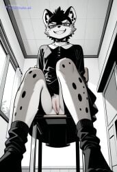 1boy ai_assisted ai_generated beautiful day detailed_background dress eye_piercing furry furry_male general grayscale grey_eyes grin high_contrast highres indoors looking_at_viewer no_nose perfect_anatomy pussy sharp_teeth sitting_on_chair slit_pupils smug socks spotted_body upskirt_view