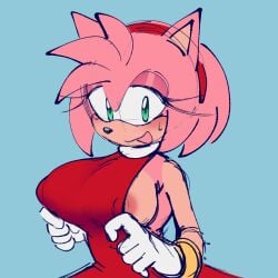 1girls amy_rose areola_slip areolae big_breasts blush bust busty clothes_too_small cowboy_shot green_eyes huge_breasts nervous ninotrash nipple_bulge nipples_visible_through_clothing pink_fur sideboob solo sonic_(series) sonic_the_hedgehog_(series)