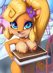 animal_ears anthro bandicoot biting_lip blonde_hair breasts cake coco_bandicoot color crash_(series) eyeshadow female female_only front_view fur furry green_eyes looking_at_viewer mammal marsupial nipples nude pink_eyeshadow sif_(artist) smile solo thefuckingdevil vulva