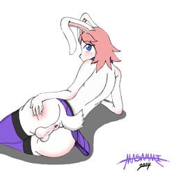 2014 anthro anus ass balls blue_eyes blush clothing crossdressing fur girly hair lagomorph looking_at_viewer looking_back male mammal masamaki plain_background presenting presenting_hindquarters puffy_anus rabbit skirt solo spreading stockings wide_hips