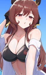 1girl bare_shoulders black_bikini blush brown_hair cleavage gentildonna_(umamusume) horse_ears horse_girl large_breasts long_hair navel off_shoulder open_clothes open_mouth open_shirt red_eyes solo stomach take978733141 umamusume umamusume_pretty_derby upper_body white_shirt