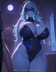 1boy 1girl ahoge ai_generated bangs bare_shoulders blue_eyes blue_hair blue_leotard breasts cameltoe candle chandelier cleavage covered_navel cup curvy domino_mask explicit eye_mask full_moon hair_between_eyes hetero highleg highleg_leotard huge_breasts indoors jewelry leotard lips long_hair mask moon necklace night night_sky nyx_x parted_lips penis sky smile solo_focus thick_thighs thighs window