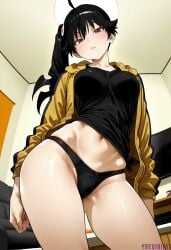 1girl ahoge ai_generated araragi_karen black_eyes black_hair black_panties black_shirt blush bow_panties breasts cameltoe egg_hair_ornament food-themed_hair_ornament fried_egg from_below hair_ornament hood hooded_track_jacket indoors jacket large_breasts long_hair long_sleeves looking_at_viewer monogatari_(series) navel no_pants open_clothes open_jacket panties parted_lips patreon reviaiart shirt side_ponytail solo standing thighs track_jacket underwear yellow_jacket