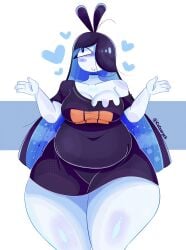 1girls ahoge black_hair blue_hair blush blushing boobs breasts catsaryck chubby chubby_female clothing eyelashes hair_over_one_eye heart_symbol long_hair neckline ramone_(roockrt) thick_thighs thighs white_body white_skin