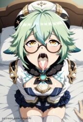 1girl after_fellatio ai_generated animal_ears artist_name bed beret blue_hair blush breasts cat_ears cleavage cleavage_cutout cum cum_in_mouth cum_on_tongue dress from_above fur_collar genshin_impact glasses gold_trim green_hair hair_between_eyes hat hetero hexogen long_hair long_sleeves looking_at_viewer medium_breasts multicolored_hair on_bed open_mouth oral_invitation patreon_username pillow pov round_eyewear semi-rimless_eyewear short_dress sitting solo_focus streaked_hair sucrose_(genshin_impact) teeth thighhighs thighs tongue tongue_out under-rim_eyewear vision_(genshin_impact) white_thighhighs yellow_eyes