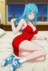 1boy 1girl absurdres adult ai_assisted ai_generated aqua_hair ass bangs bare_shoulders bed bed_sheet bedroom big_breasts blue_eyes blue_hair blush breasts bulma cleavage closed_mouth dragon_ball dragon_ball_super dragon_ball_z dress female full_body half-closed_eyes heeven highres indoors lamp large_breasts legs long_hair looking_at_viewer lying male maron mature night night_sky on_bed on_side patreon patreon_username perfect_body pillow red_dress sensitive shoes short_dress sky sleeveless sleeveless_dress smile sneakers socks solo spaghetti_strap thighs uncensored white_socks window