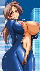 areolae blush bodysuit breasts brown_eyes brown_hair city curvy female highres large_breasts long_hair navel nipples no_bra no_panties no_underwear open_clothes original ponytail pubic_hair pussy rai_on_(abc3639) solo standing tied_hair uncensored