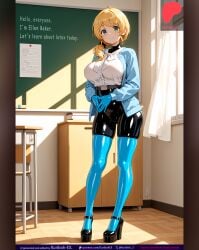 1girls ai_generated big_breasts blonde_hair bodysuit boobs breasts catsuit clothed_female clothing female female_only green_eyes kuriboh_ex_(artist) latex latex_bodysuit latex_clothing latex_skinsuit latex_suit oppai rubber rubber_clothing rubber_suit school skin_tight skinsuit teacher
