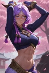 abs ai_generated bangs braided_hair cherry_blossoms crop_top fully_clothed horns league_of_legends pubic_hair purple_eyes purple_hair sweaty yunara yunara_(league_of_legends)