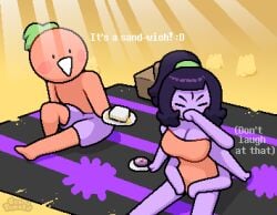 annoying_dog_(undertale) anthro beach beach_towel black_hair blush blushing covering_mouth dialogue donut green_hair hair_ornament happy looking_away muffet okami_tomato plant plant_humanoid pun purple_body purple_skin red_body red_skin red_swimsuit sand sandcastle sandwich sandwich_(food) spider spider_girl spider_humanoid swimming_trunks swimsuit text tomato tomato_(okami_tomato) undertale undertale_(series) watermark wholesome