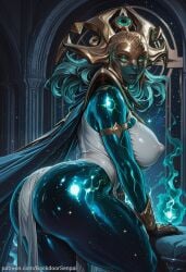 1girl ai_generated ass backdoorsenpai bare_legs bent_over big_ass breasts cape colored_skin crossed_legs curvy egao female_focus glowing_eyes green_eyes green_skin hela_(empress_of_the_cosmos) hela_(marvel_rivals) highres large_breasts looking_at_viewer marvel marvel_comics marvel_rivals naughty_face naugty_eyes pelvic_curtain perky_breasts revealing_clothes shiny_skin sitting sleeveless_dress thick_thighs thighs translucent_skin white_dress wide_hips