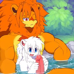 age_difference anthro bath ear_piercing father father_and_son feline fur furry furry_only gay handjob incest lion male mammal one_eye_closed parent penis piercing son water whiteleo