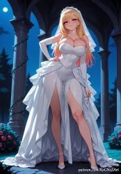1girl 2026 ai_generated anime bangs bare_shoulders blonde_hair blush boobs breasts bridal_veil choker cleavage covered_navel crossover dress earrings eye_contact female female_focus flushed full_body hand_on_hip high_heels highres huge_breasts jewelry kitagawa_marin large_breasts long_hair looking_at_viewer marin_kitagawa moon multicolored_hair my_dress_up_darling night night_sky nsfw patreon piercing pillar red_eyes rognezart see-through sky smile smiling solo sono_bisque_doll_wa_koi_wo_suru standing thick_thighs thighs veil very_long_hair wedding_dress white_dress white_footwear