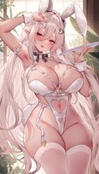 1girls blush breasts bunny_ears bunny_girl bunnysuit elf elf_ears elf_female elf_girl female female_only flower gray_hair hair_ornament highres large_breasts long_hair original pointy_ears silver_hair solo solo_female sora_72-iro stockings straight_hair thick_thighs thighhighs wrist_cuffs