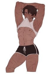 1boy alternate_body_type armpit_crease armpits arms_above_head arms_up brown_areola brown_areolae brown_hair brown_nipples color colored dark-skinned_male digital_media_(artwork) dolphin_shorts exposed_breasts exposed_chest exposed_navel hamko heathcliff_(limbus_company) honestly_quite_incredible hourglass_figured_male large_thighs limbus_company looking_at_viewer male male_chest male_focus male_only mature_male muscular_arms no_visible_genitalia pecs pose posing posing_for_the_viewer project_moon scars scars_all_over shirt_in_mouth shirt_lift shirt_tan shirt_up simple_background sweat sweatdrop sweating sweaty sweaty_navel sweaty_thighs tank_top tank_top_lift tanline tanlines thick_thighs three-quarter_portrait toned_male violet_eyes wide_hips