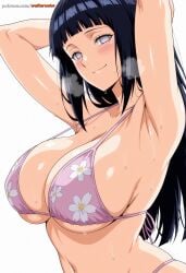 1girl ai_generated armpits arms_behind_head arms_up bikini black_hair blunt_bangs blush breasts breath cleavage closed_mouth collarbone floral_print hinata_hyuuga hyuuga_hinata large_breasts long_hair looking_at_viewer navel patreon_url patreon_username presenting_armpit print_bikini purple_bikini purple_eyes sideboob simple_background smile solo steaming_body stomach straight_hair strap_gap sweat swimsuit underboob upper_body waitercolor watermark wet white_background white_eyes